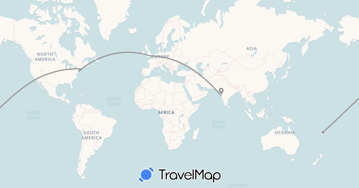 TravelMap itinerary: driving, plane in Fiji, United Kingdom, India, United States (Asia, Europe, North America, Oceania)